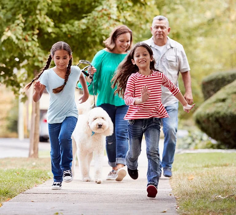 family outside walking with dogs and smiling