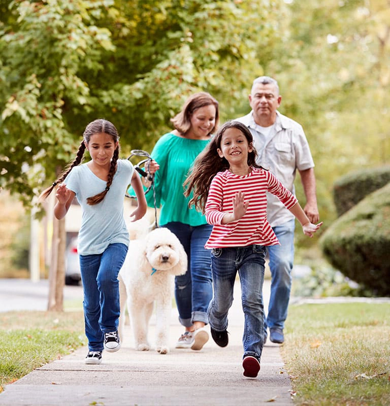 family outside walking with dogs and smiling